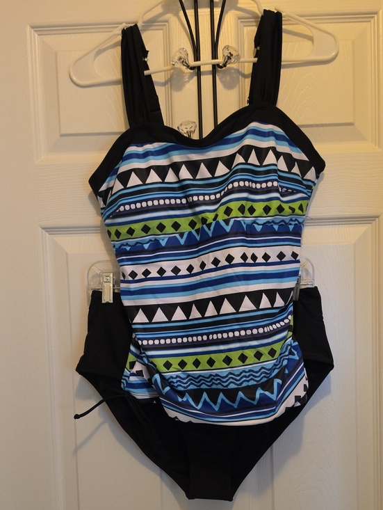 Other - NWOT- Black & Blue Striped Geometric Two-Piece Swimsuit with Lime Accents